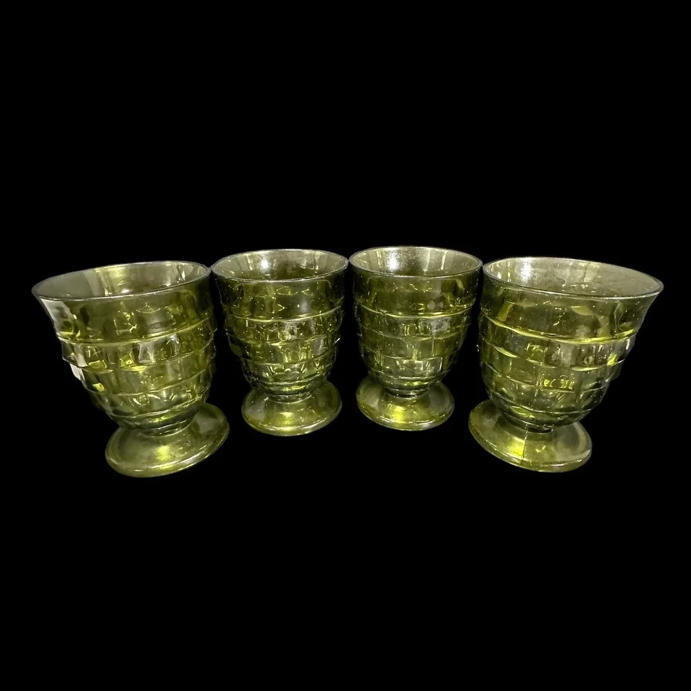 Indiana Whitehall Green Tumbler Cubist Juice Glasses 4 inches, 4 ounces Set Of 4